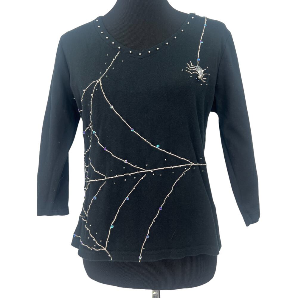 Jack B Quick | L | Spider Web Halloween Embellished T-shirt Top 3/4 Sleeve Tee